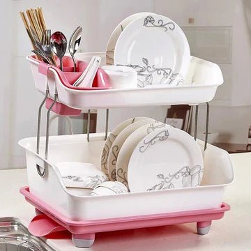 2-Layer Dish Organizer Rack Kitchen Drying Rack with Drain Tray Compact Stainless Steel Dish Stand