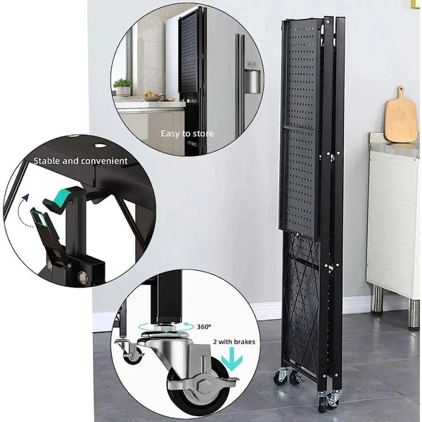 3-Tier Foldable Kitchen Trolley - Multi-Function Rolling Cart Mobile Storage Trolley with Wheels